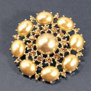 MONET Gold Tone Faux Pearl and Rhinestone Large Round Brooch